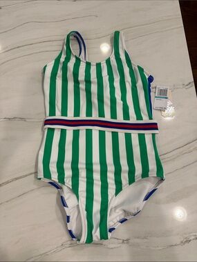 NWT GB girls Green & White Striped One-Piece Swimsuit with Tricolor Waistband
